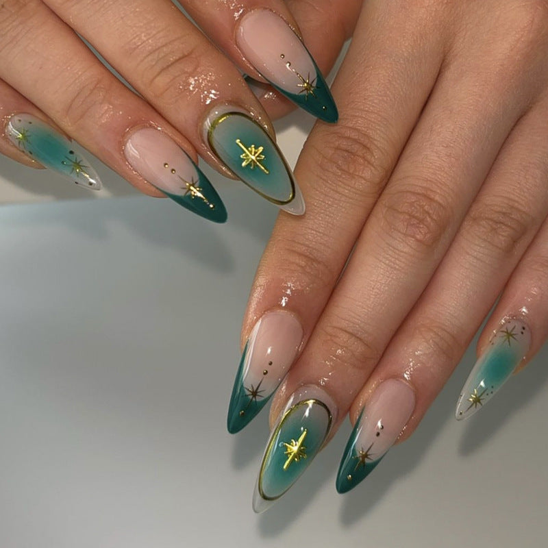 Celestial Dream Long Stiletto Ombre Green and Beige Press On Nail Set with Gold Star Accents