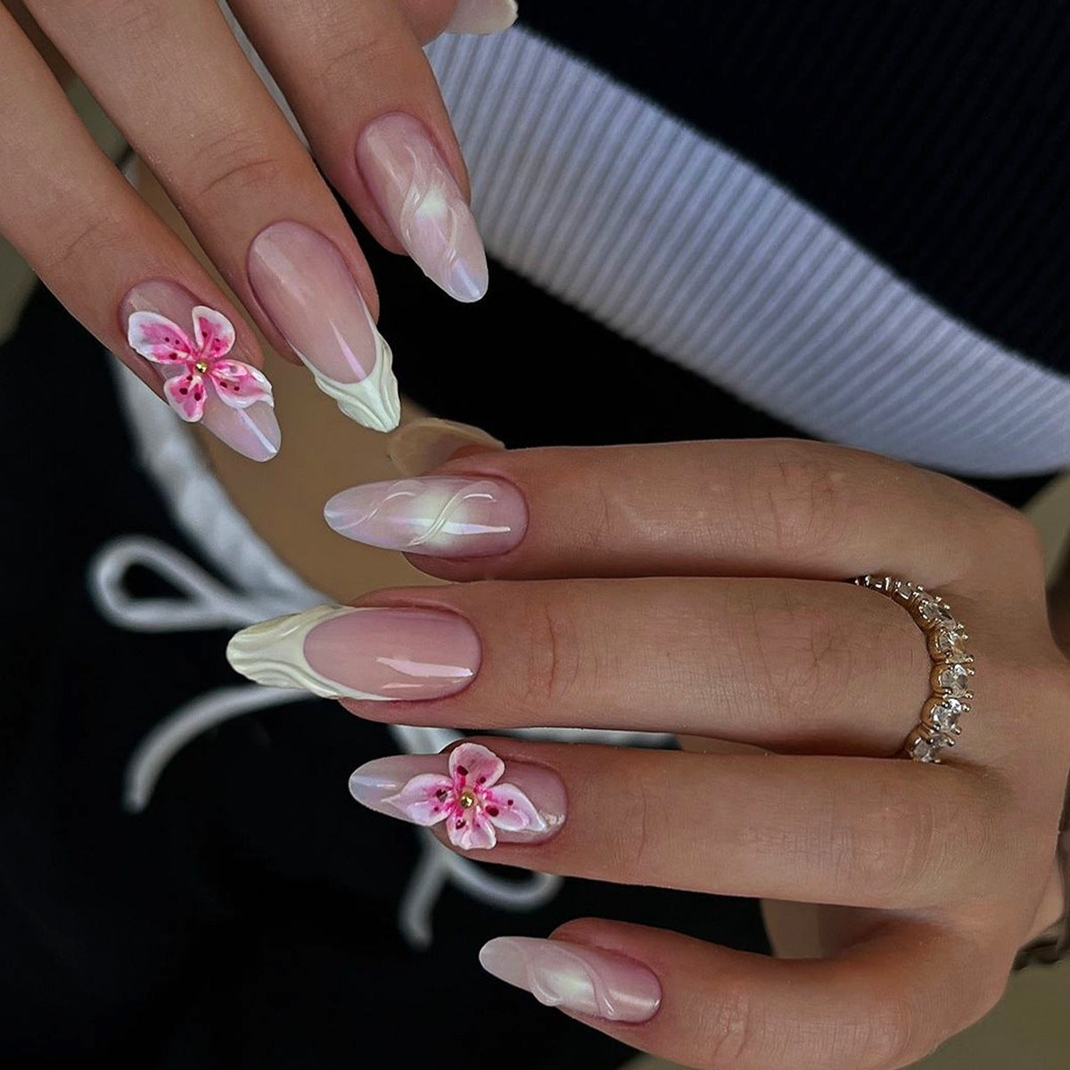 Floral Elegance Long Almond Pink Ombre Press On Nail Set with 3D Flower Accents