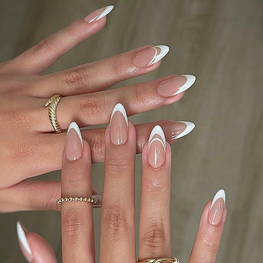 Chic Elegance Fantasy Long Almond Clear White Press On Nail Set with Unique Swirl Design