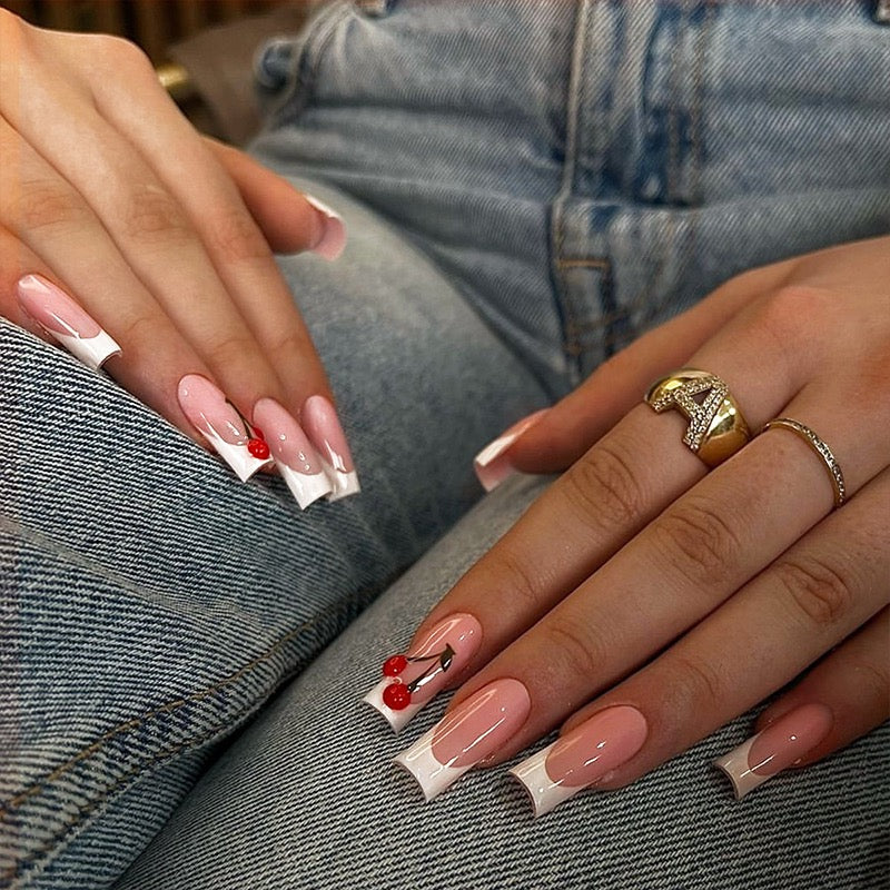 Cherry Blossom Long Square Press On Nails Beige and White with Glossy French Tips and Red Cherry Accents