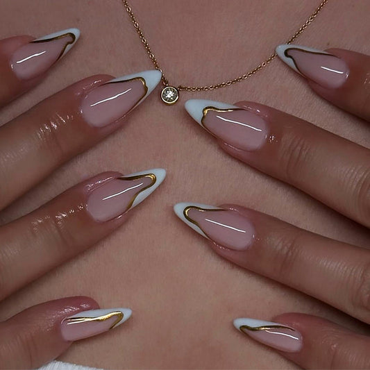 Glamorous Elegance Long Stiletto Shaped Pink and White Press On Nail Set with Gold Accent Details