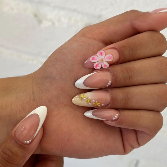 Floral Fantasy Long Almond Pink and White Press On Nail Set with 3D Flower Accents and Glitter Details