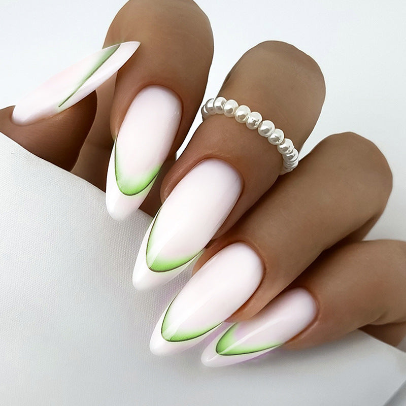 Floral Elegance Long Almond White Press On Nail Set with Green Ombre Tips for a Chic Look