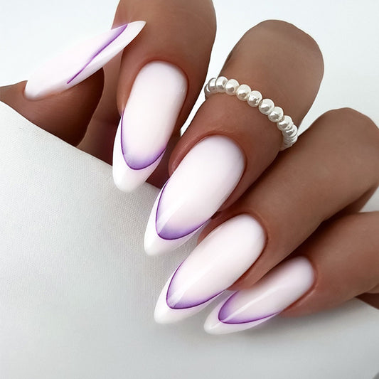 Enchanting Elegance Long Almond Press On Nail Set White with Purple Ombre Tips Perfect for Stylish Glamour