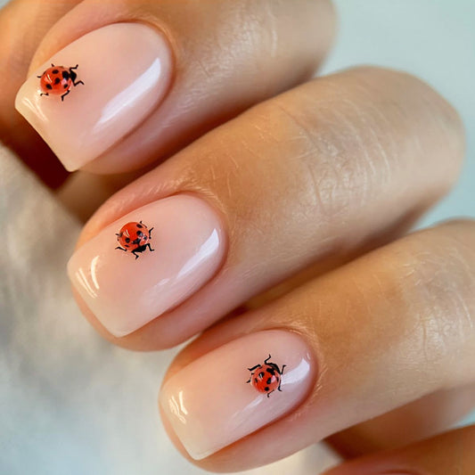 Ladybug Garden Medium Square Pink Press On Nail Set with Cute Insect Designs