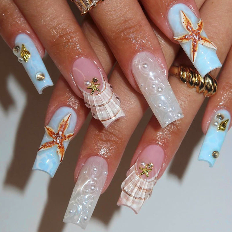 Beachy Bliss Long Square Blue and Pink Press On Nail Set with Seashell and Starfish Accents