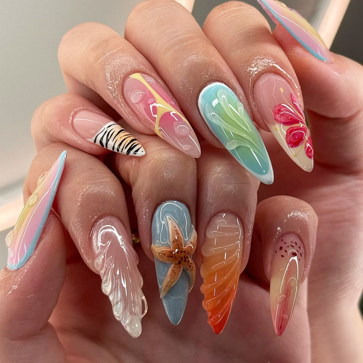 Tropical Paradise Long Stiletto Multi-Color Artistic Floral and Ocean-Themed Press On Nail Set