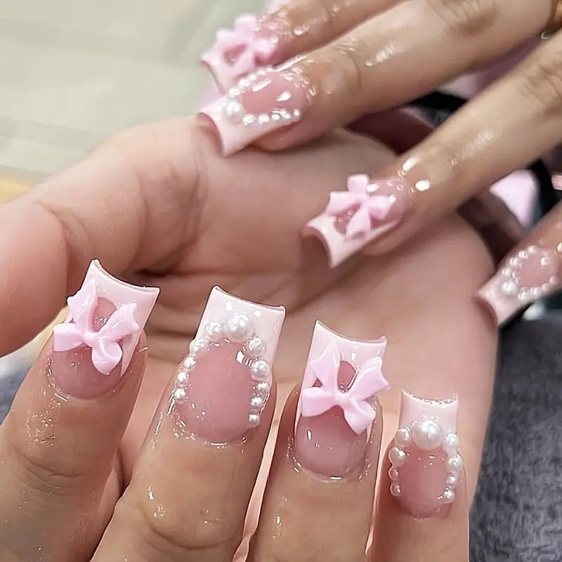 Charming Floral Delight Long Square Pink Press On Nail Set with 3D Bow and Pearl Accents