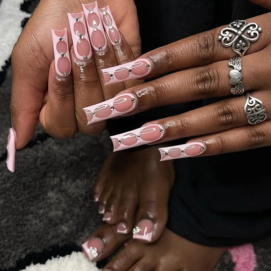 Glamorous Elegance Long Square Pink Press On Nail Set with Rhinestone Accents