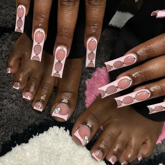 Glamorous Rose Quartz Press On Nail Set Long Square Light Pink with Unique Gemstone Detail