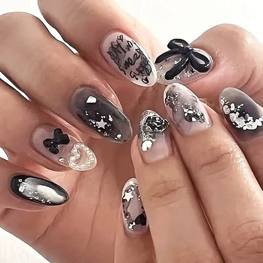 Gothic Glam Press On Nail Set Long Almond Black and Grey with Sparkling Glitter Accents