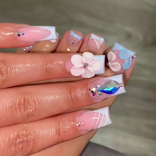 Spring Blossom Long Square Pastel Pink and Blue Press On Nail Set with Floral Accents and Iridescent Gems