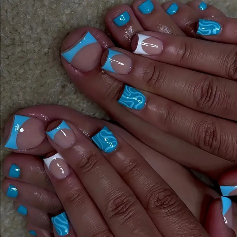 Beach Wave Press On Nail Set Medium Square Aqua Blue and Elegant Marble Design Perfect for Summer Glamour