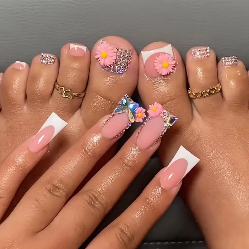 Floral Fantasy Long Duck Pink Press On Nail Set with Rhinestone and Flower Accents