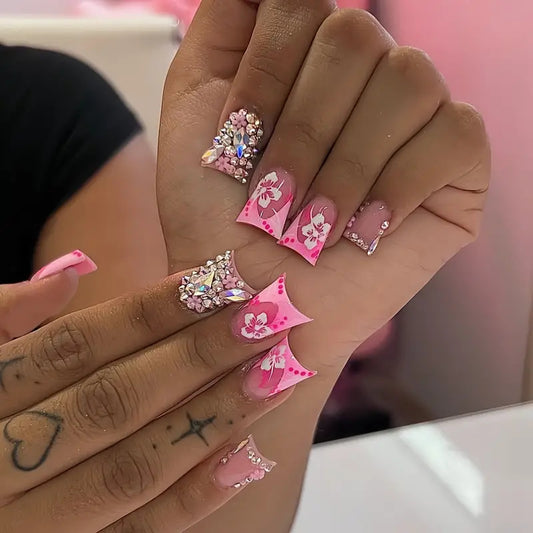 Cherry Blossom Fantasy Long Duck Shaped Pink Press On Nail Set with Rhinestone Embellishments and Floral Design