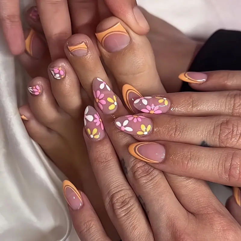 Garden Party Long Almond Floral Press On Nail Set in Pastel Pink and Orange with Artistic Edge Design