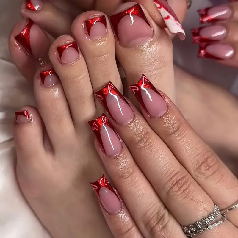 Romantic Red Square Press On Nail Set Long Pointed Glossy Nail Tips with Heart Accents