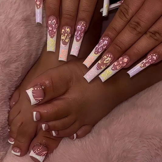 Tropical Bliss Long Square Pink and White Floral Press On Nail Set with Stunning 3D Design