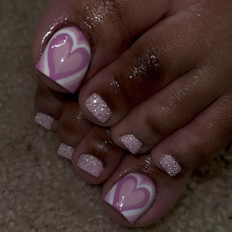 Sweetheart Sparkle Press On Nail Set Short Square Pink Double Heart Design Glitter Finish