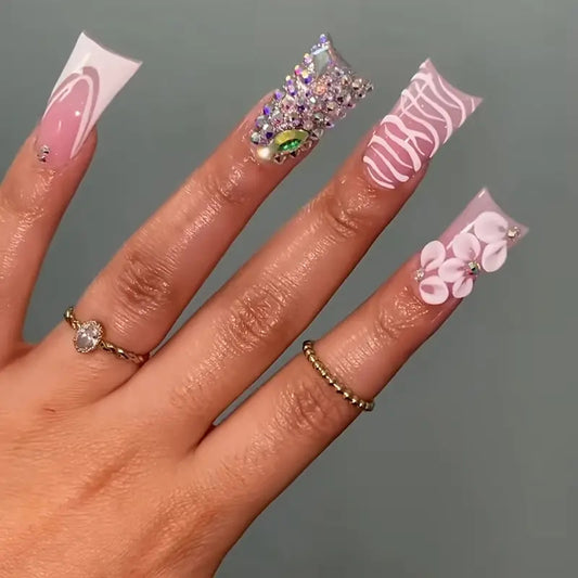 Blossom Elegance Long Duck Pink Press On Nail Set with Floral Accents and Rhinestone Details