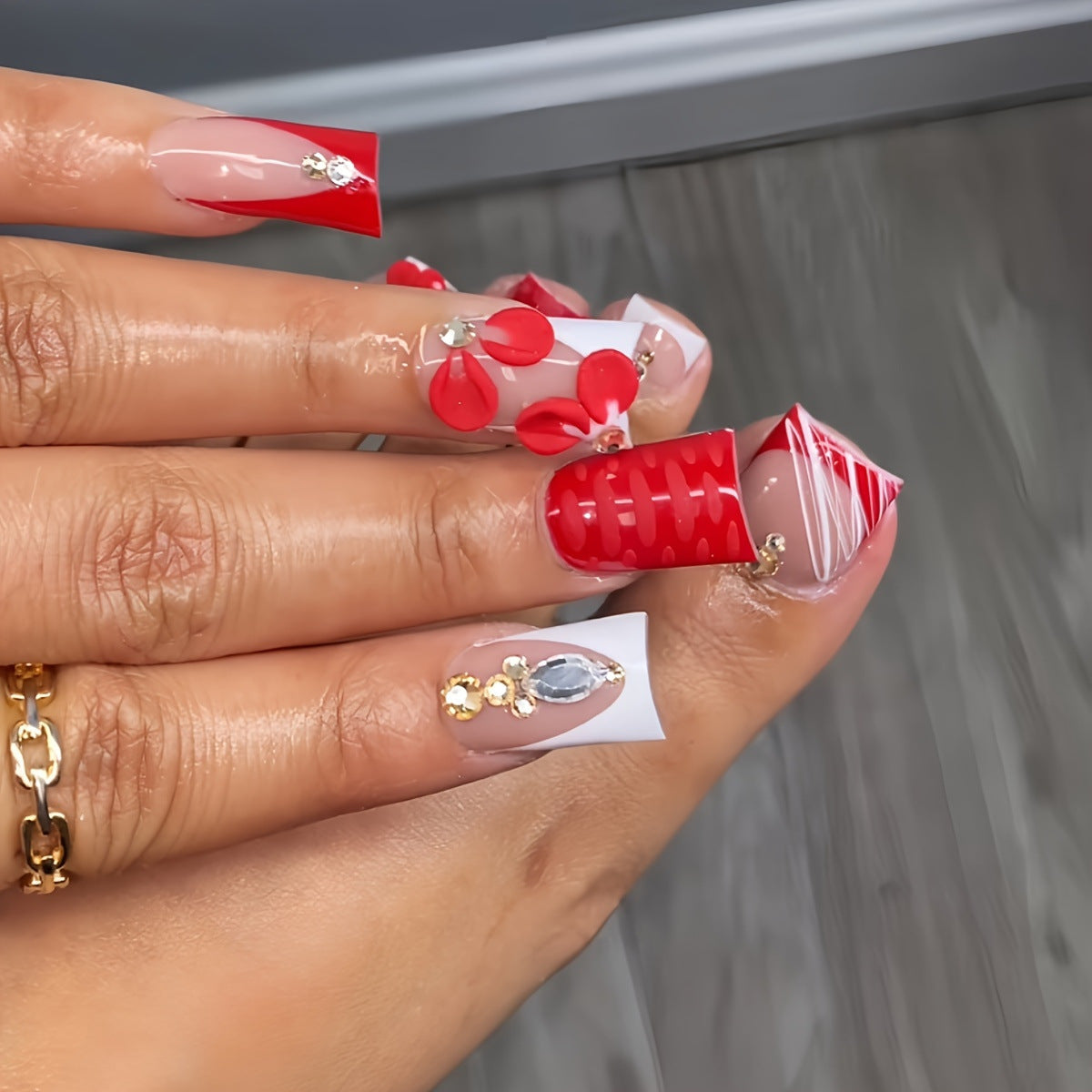 Festive Red Glam Long Duck Press On Nail Set with Unique Floral and Gem Accents