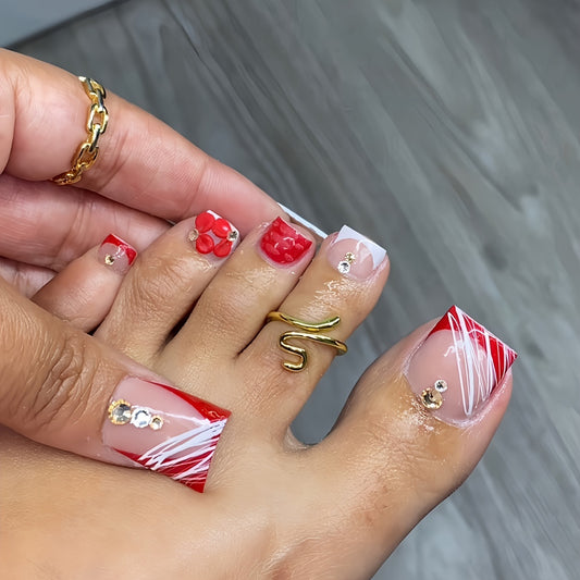 Holiday Glam Press On Nail Set Short Square Red Clear With 3D Floral Accent and Glitter Details