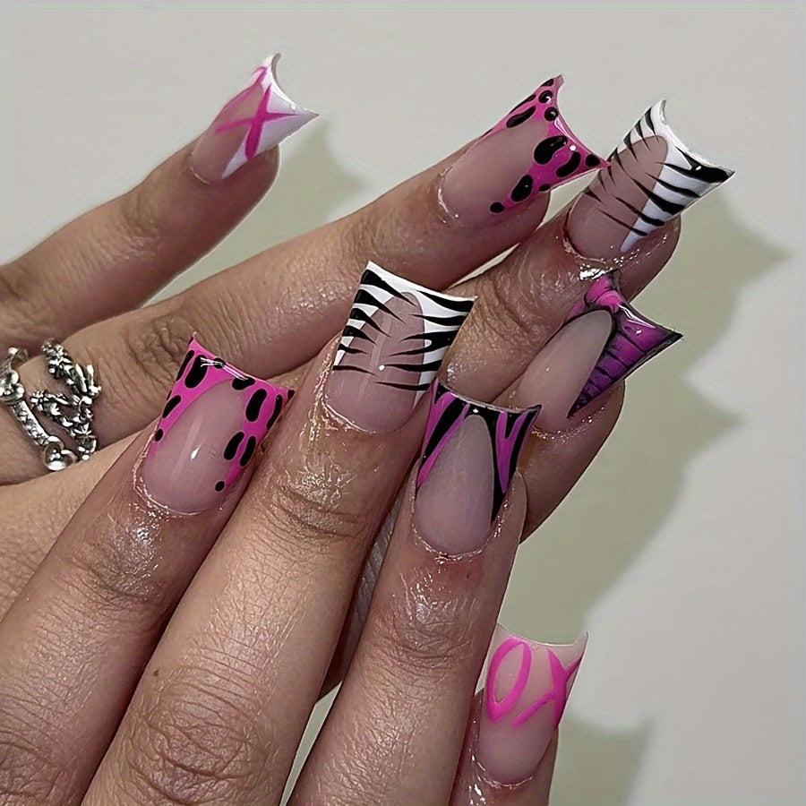 Bold Safari Pink Long Duck Press On Nail Set with Animal Print Designs