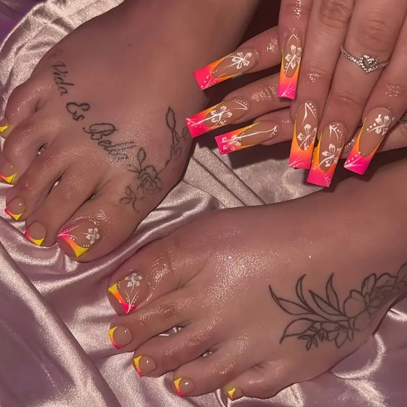 Tropical Sunset Long Square Press On Nail Set Pink Orange with Floral Accents