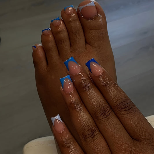 Ocean Breeze Long Square Blue and Beige Glossy Press On Nail Set with Unique French Tip Design