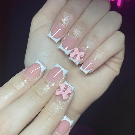 Chic Bowknot Inspiration Long Square Pink and White Press On Nail Set with Elegant 3D Accents