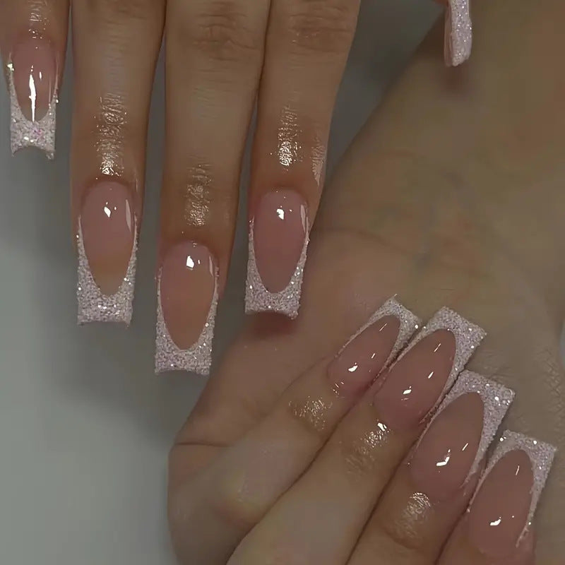 Glistening Elegance Long Square Press On Nails Light Pink with Glittery Cutouts