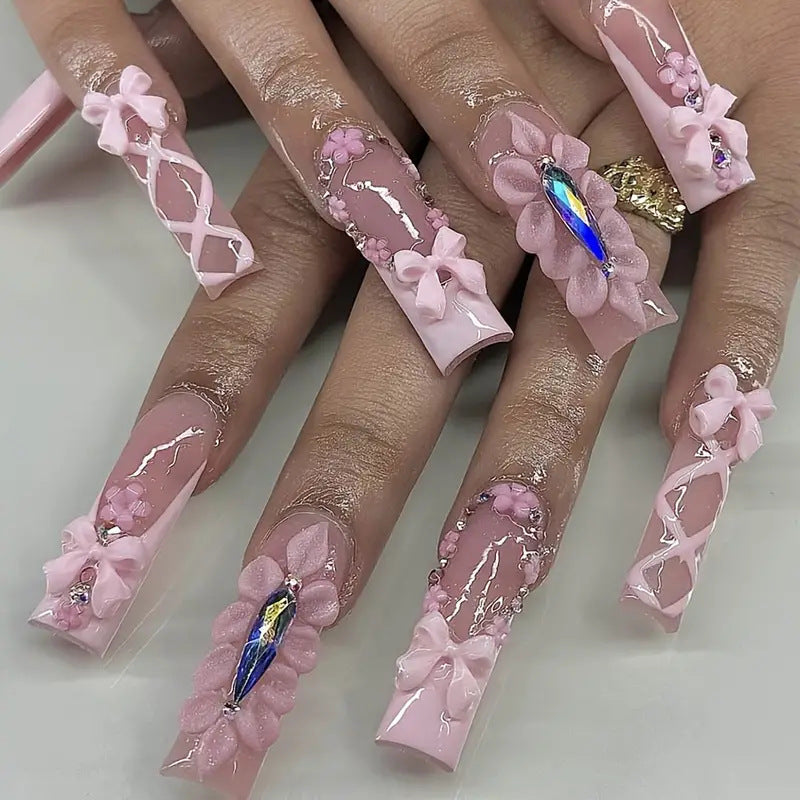 Charming Floral Fantasy Long Square Pink Press On Nail Set with Elegant Rhinestone Accents