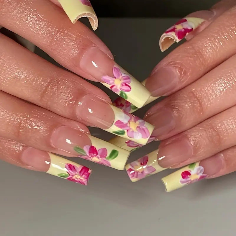 Floral Elegance Long Square Yellow Press On Nail Set with Charming Pink Flower Design