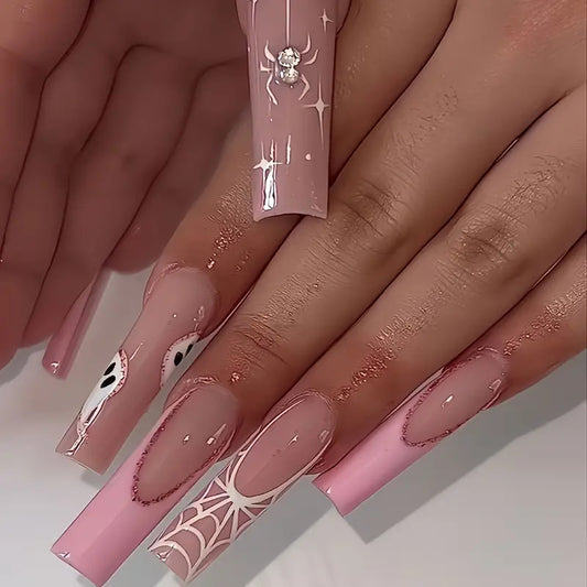 Spooky Elegance Long Square Pink Press On Nail Set with Unique Spider and Eye Design