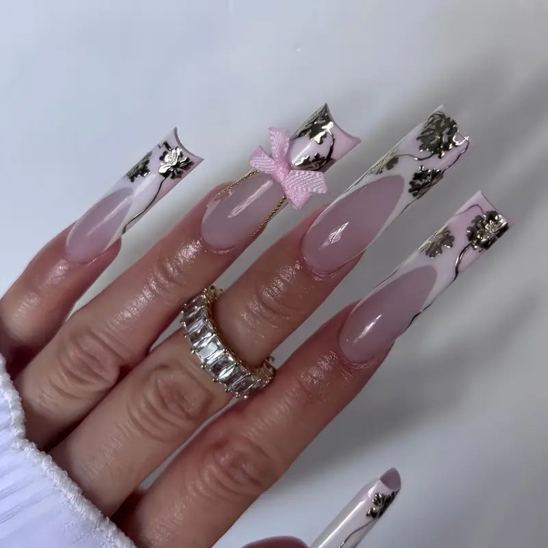 Elegant Floral Princess Long Square Pink Press On Nail Set with Bow and Gold Accent Details