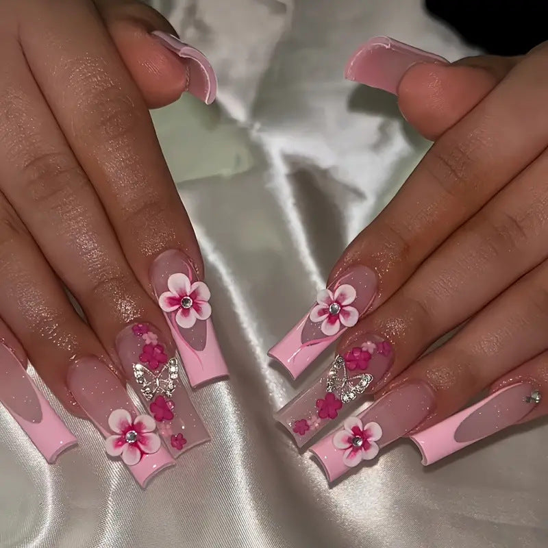 Blossom Dreams Square Pink Press On Long Nail Set with Floral Accents and Rhinestone Embellishments