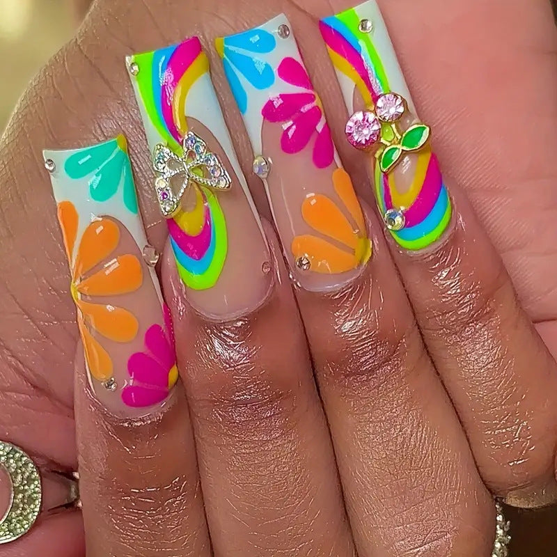 Bohemian Paradise Extra Long Square Press On Nail Set Multicolor Floral Design with Gem Accents