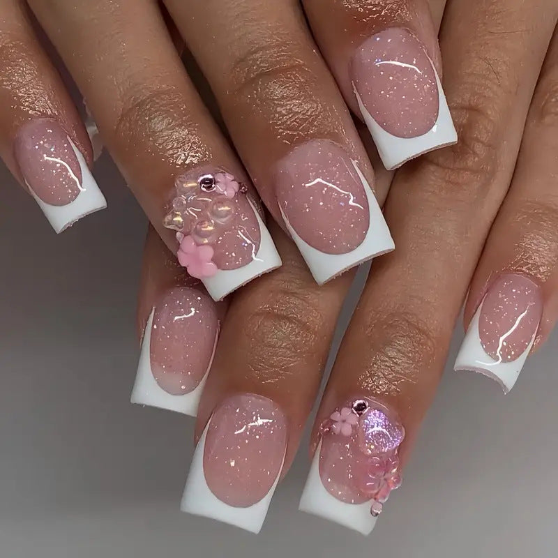 Charming Floral Fantasy Long Square Pink and White Press On Nail Set with Glitter and Flower Accents