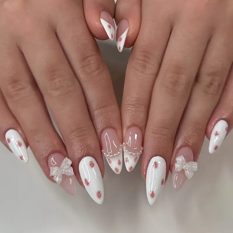 Charming Floral Fantasy Long Almond White Press On Nail Set with Pink Floral Accents and Cute Bow Embellishments