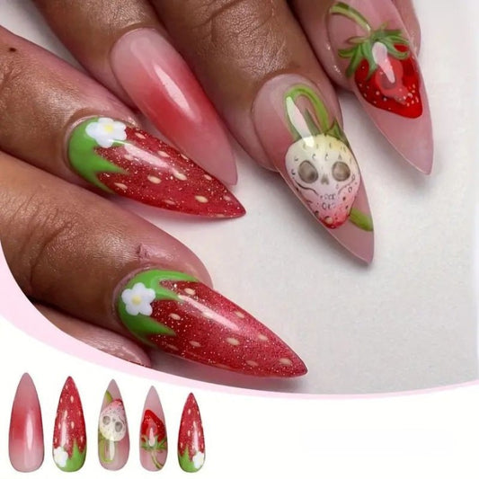 Strawberry Dream Long Stiletto Press On Nail Set in Red Green and Pink with Fun Skull Design