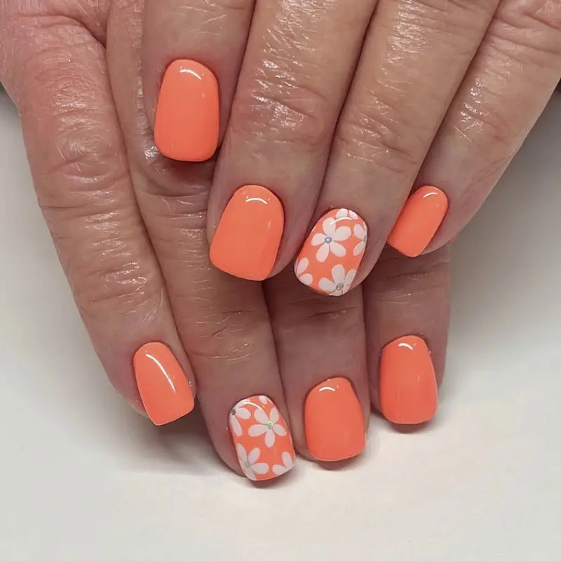 Tropical Paradise Square Medium Length Bright Orange Press On Nail Set with Floral Accents