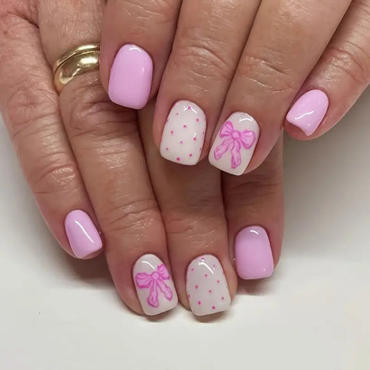 Sweet Pastel Charm Nail Set Medium Square Light Pink with Fun Bow Design and Polka Dots