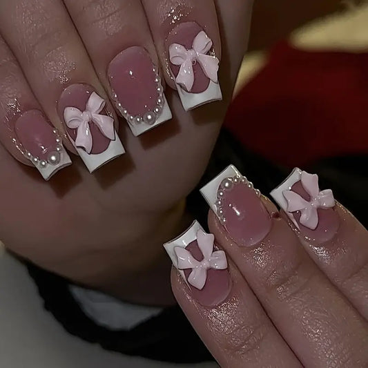 Charming Bowknot Dreams Long Square Pink and White Press On Nail Set with Elegant Pearl Accents