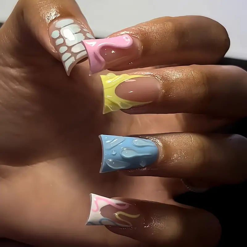 Sweet Pastel Drip Long Duck Press On Nail Set in Pink Yellow Blue and White with Glossy Dripping Details