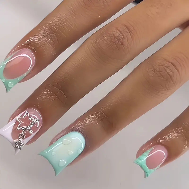 Ocean Breeze Long Duck Press On Nail Set with Mint Green and Pink Colors Featuring 3D Star Decorations and Clear Raindrop Design