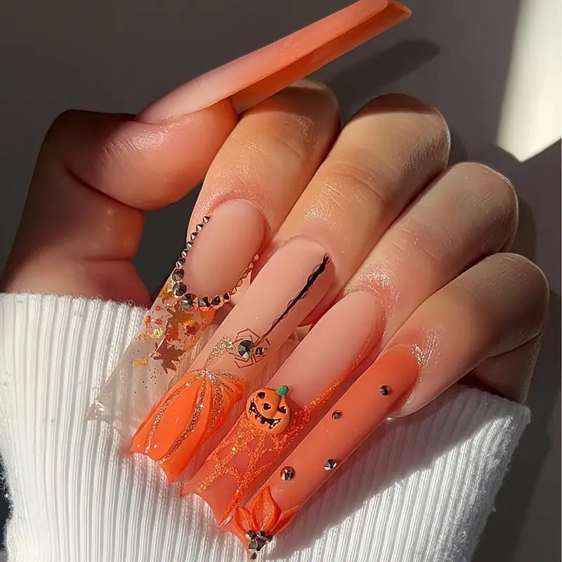 Pumpkin Patch Long Square Orange Press On Nail Set with Halloween Charm and Glitter Accents