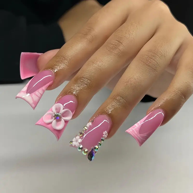 Blossom Dream Pink Long Duck Press On Nail Set with Floral and Rhinestone Accents