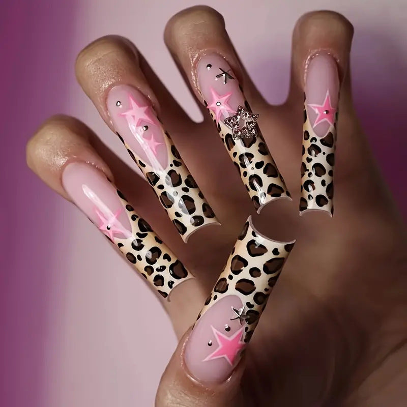 Glamorous Wild Leopard Print Long Square Press On Nail Set in Pink and Beige with Embellished Stars and Gems