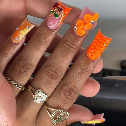 Tropical Vibes Long Duck Orange and Pink Press On Nail Set with 3D Floral and Gemstone Accents