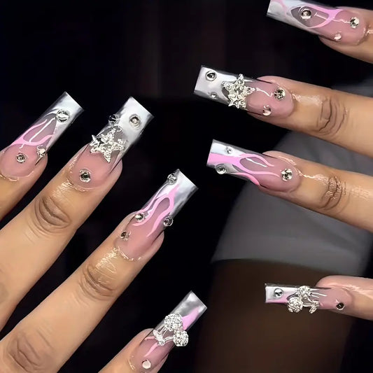 Glamorous Flame Theme Long Square Press On Nail Set Pink and Silver with Rhinestone Accents